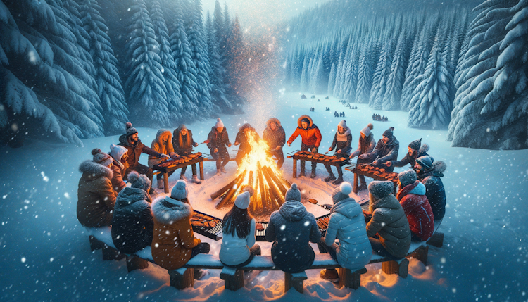 一群人在冰雪里生火烧烤