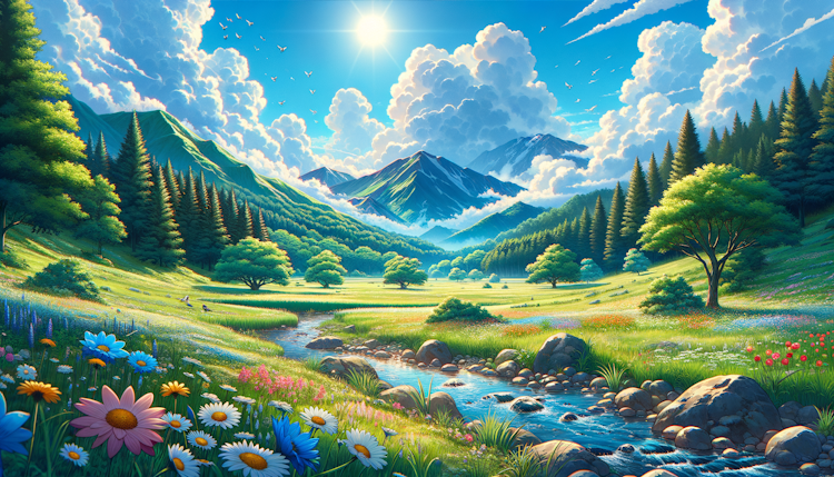 Blue sky White clouds Grassland Forest Stream Anime style Nature scenery Sunny day Peaceful environment Trees Rocks Mountains Reflection on water Birds Flowers Clear sky Calm water Serene landscape Greenery Bright colors Tranquil atmosphere Idyllic setting Ghibli HD