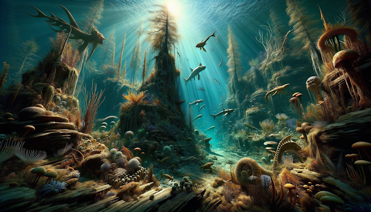 Hyper detailed realistic primordial marine environment teeming with exotic forgotten plants and animals, dramatic lighting and dynamic composition 