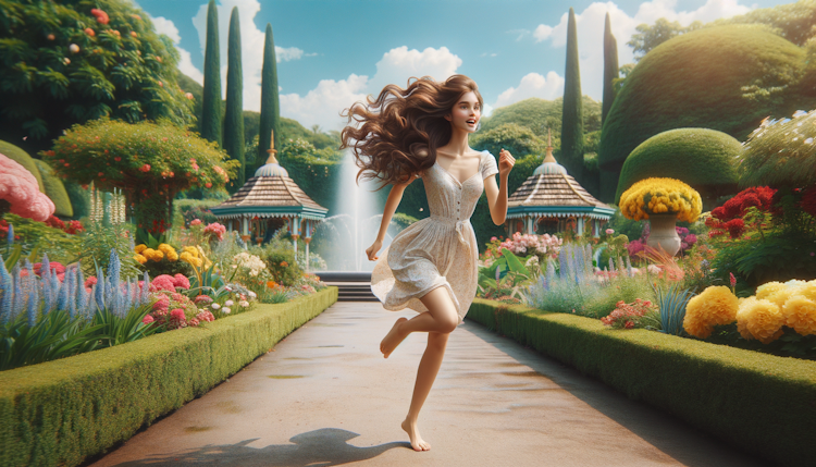 a beautiful girl running on the garden