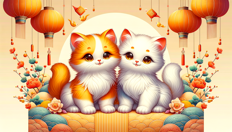 two cute chinese cats with orange and white fur 