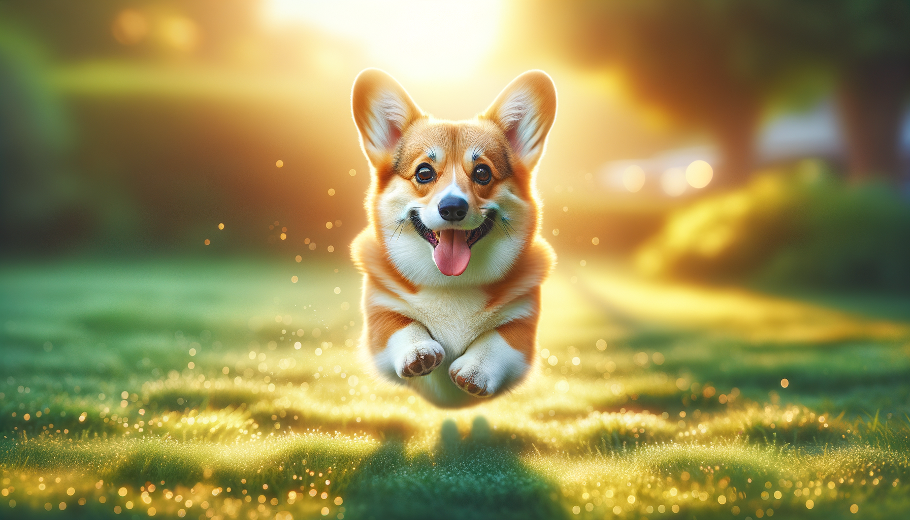 A cute corgi running on the grass