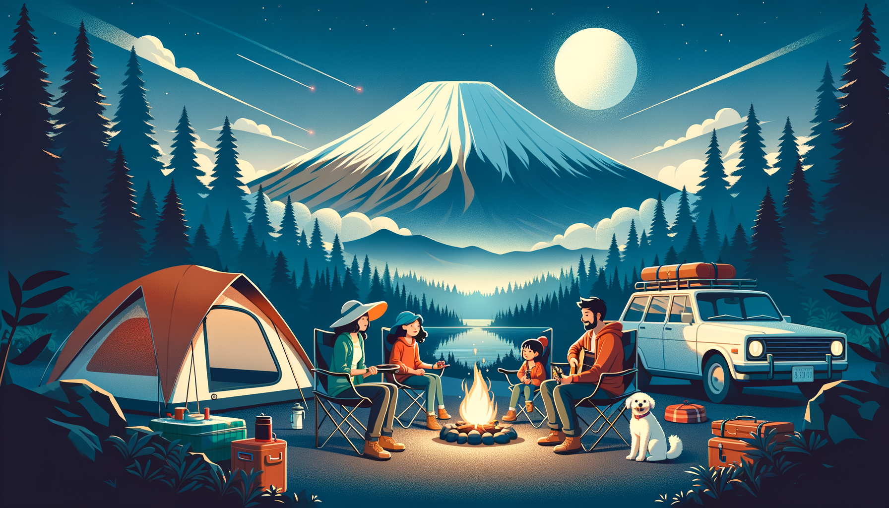 Design a mobile wallpaper for outdoor camping. In the distance, you can see Mount Fuji. In the close-up, a car, a tent, and a family of three are sitting around camping chairs. Next to them is a cute little dog, with a campfire burning. In the distance, there is a round moon in the sky