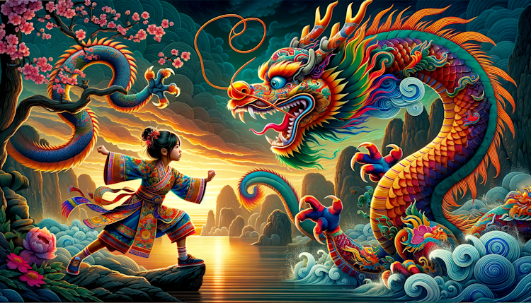 a little girl with Chinese dragon