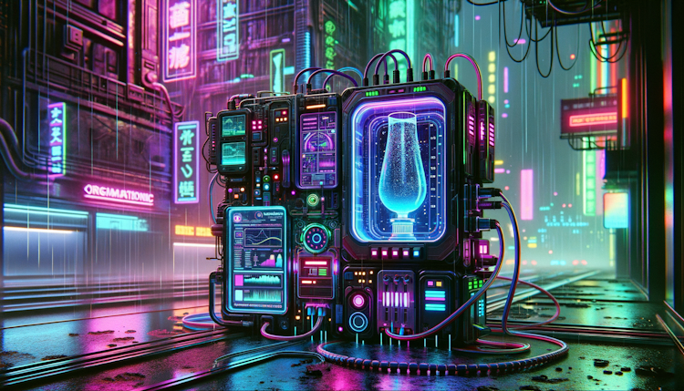 cyberpunk style image, the automatic device of organic matter characterization in drinking water