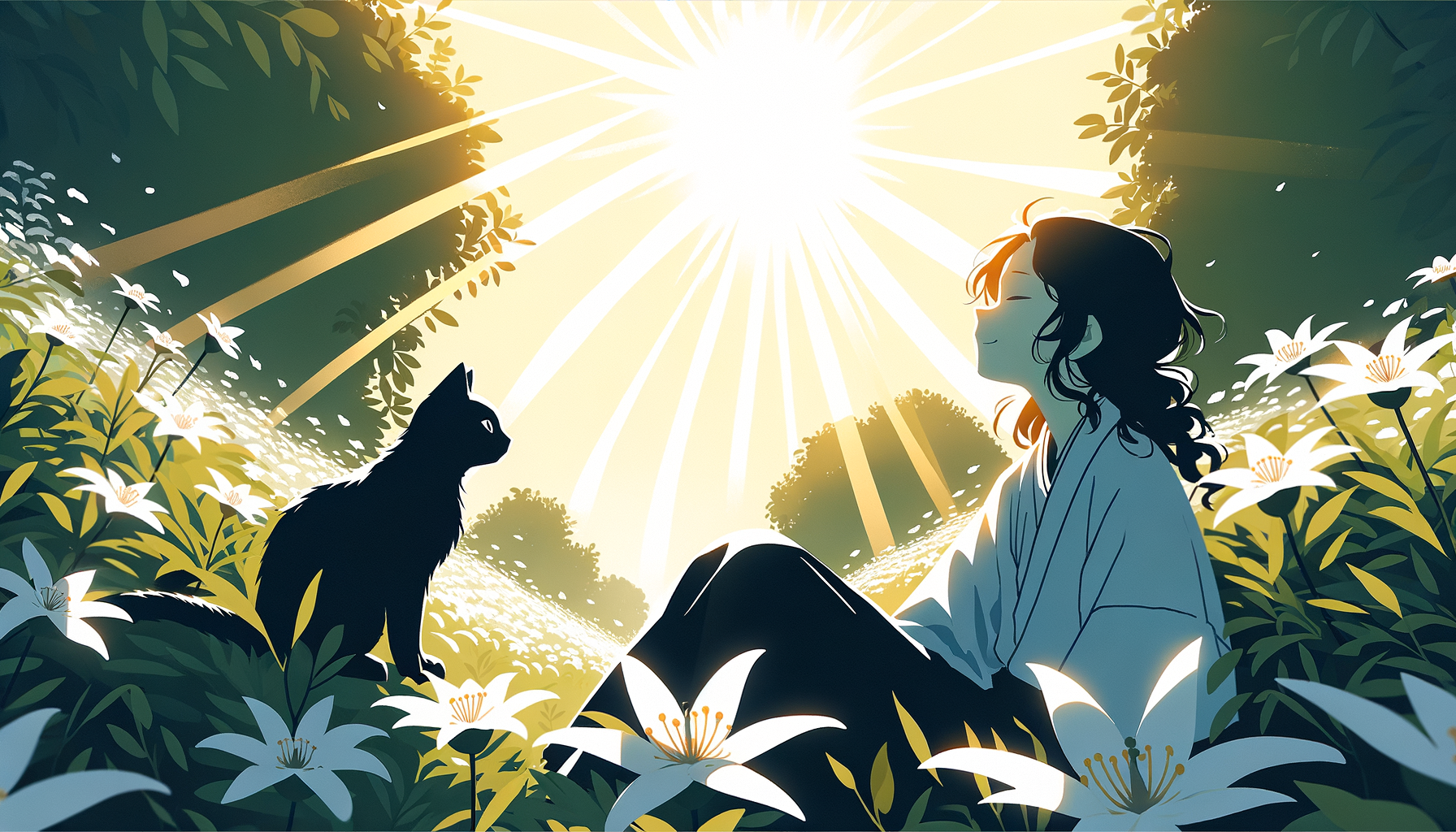 一个女孩在阳光下，有一只黑猫蹲在她的肩上