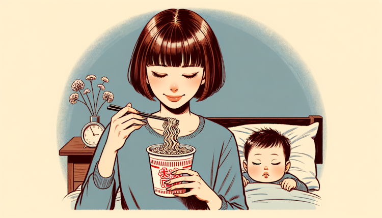 一个年轻的短发中国妈妈在漆黑的夜里吃泡面，刘海三七分，她的可爱女宝宝在床上熟睡，插画风格