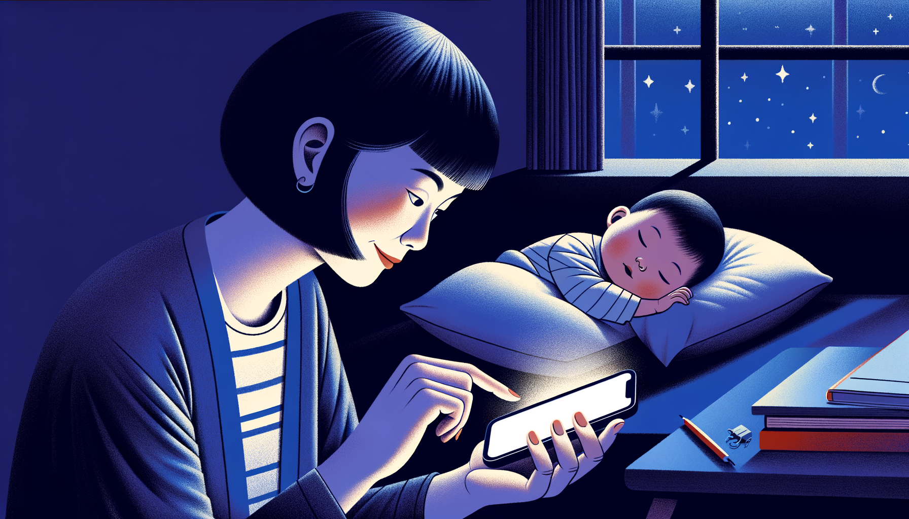 一个年轻的短发中国妈妈躺在漆黑的房间里玩手机，手机屏幕发光，她的可爱宝宝在床上睡觉，插画风格