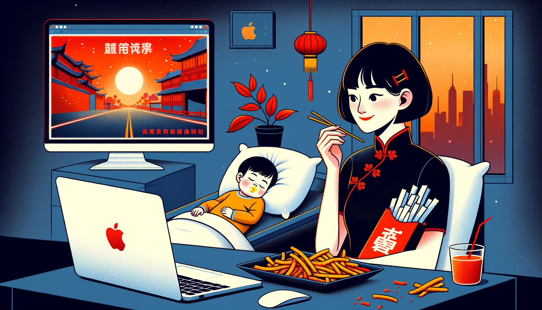 一个挂耳发型的年轻中国妈妈 坐在熟睡的女宝宝床边 吃着辣条看着苹果电脑屏幕