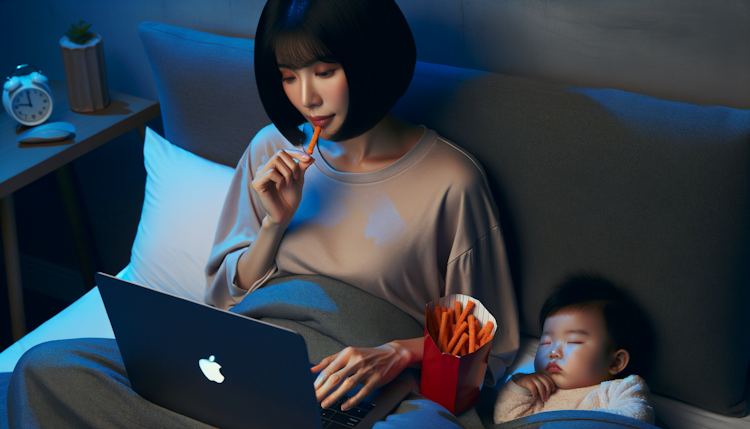 一个挂耳发型的年轻中国妈妈 坐在熟睡的女宝宝旁边 边玩苹果电脑边吃辣条