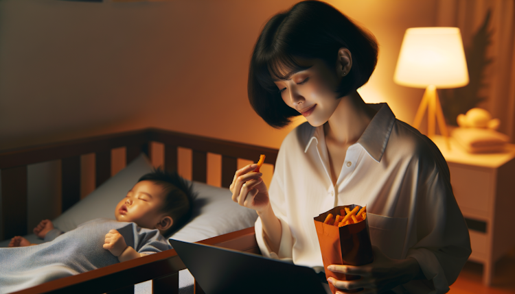 一个挂耳发型的年轻中国妈妈 坐在熟睡的宝宝床边 边玩电脑边吃辣条