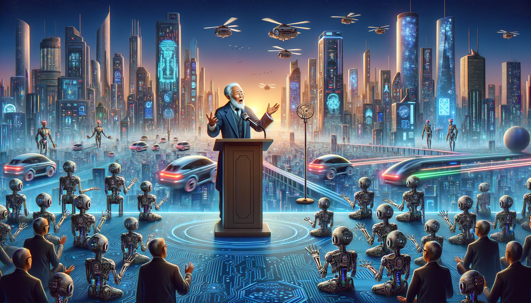 一个说书人在讲台后面，背景是未来城市，有AI机器人、未来交通工具。