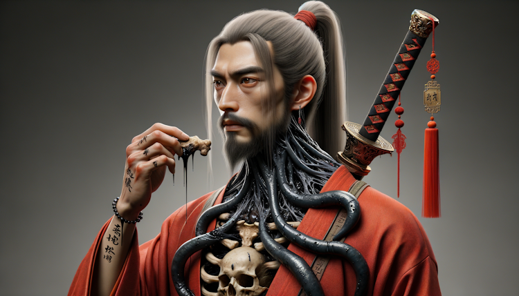 一个面皮白净，留着长头发马尾的中国男人身穿红色道袍，胸口冒出黑色触手（触手上挂着粘液），背上背着一把铜钱做成的剑，手里握着骨头，恶狠狠的盯着远方