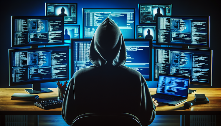 一个黑客的背影，在他前面是很多块电脑屏幕