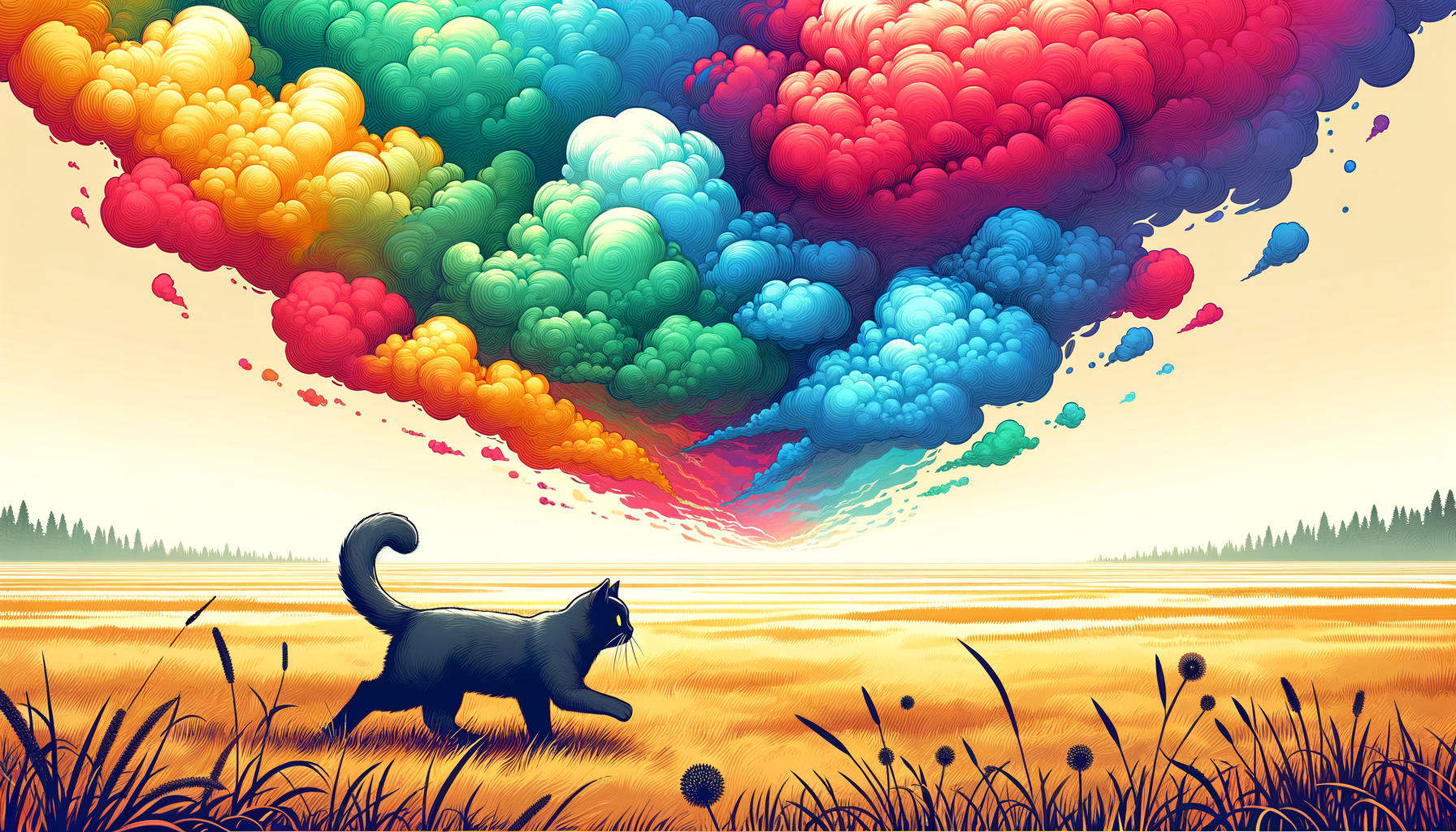 一只小黑猫在田野中奔跑，空中是七彩的云雾，插画，没有人，俯视图