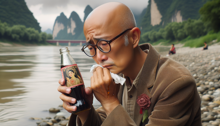 一名中年秃头中国戴眼镜男子，在洛水河畔，拎着瓶可乐，追忆梦中的神女，潸然泪下