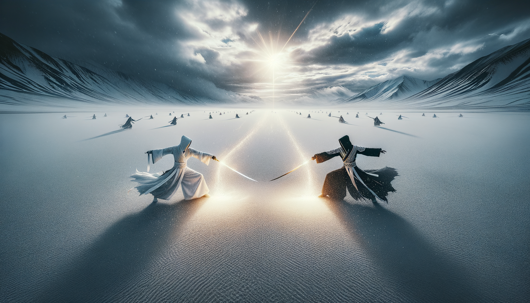 中国风，俯瞰视角，两大神秘剑客，一白衣，一黑衣，两人在一片苍茫的雪原之中交手，刀光剑影，昏天黑地
