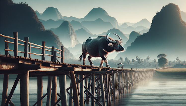 侧面望过去，一头大水牛走在农村的桥上，桥下是长长的河流，背景是山