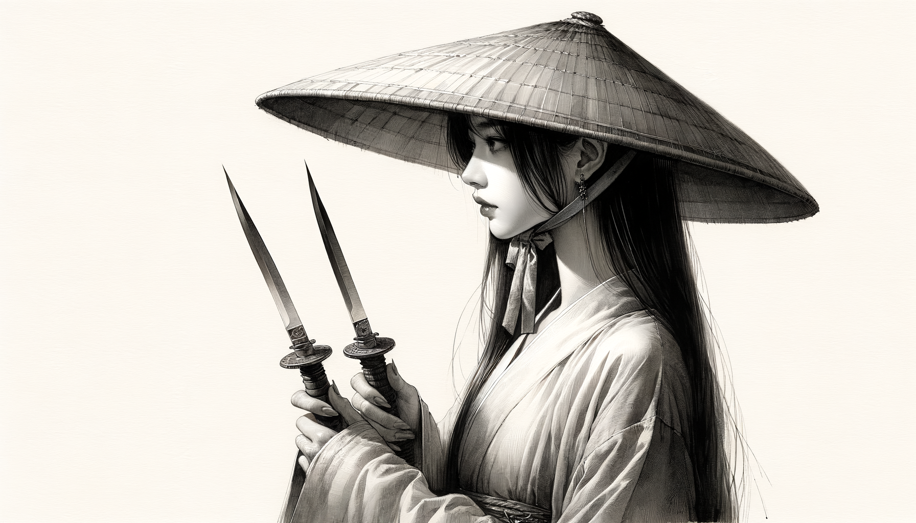 侧面的亚洲女孩带着简易的帽子和优雅的古代素衣，手持两把锋利的刀 ，水墨 ，现实主义，特写，轻背景