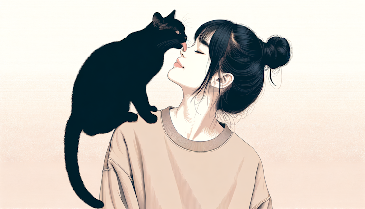 写实风格，一直黑猫蹲在女孩的肩膀上，舔她的脸