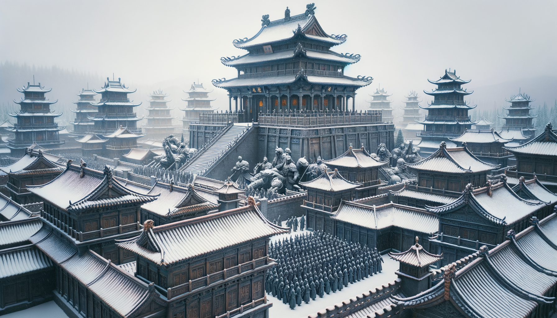 冰雪之下 ，一座中国风的古代壮观城池，城中驻扎着铁甲军团