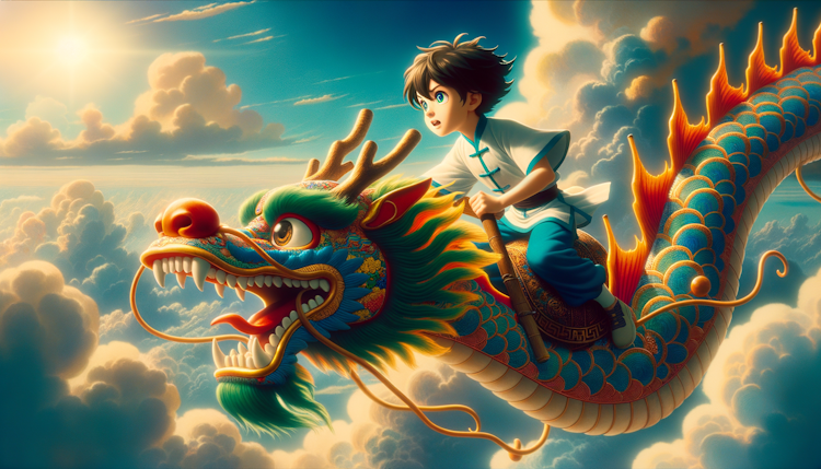 动漫风格，一个修仙的少年骑着一条中国龙在天空飞翔