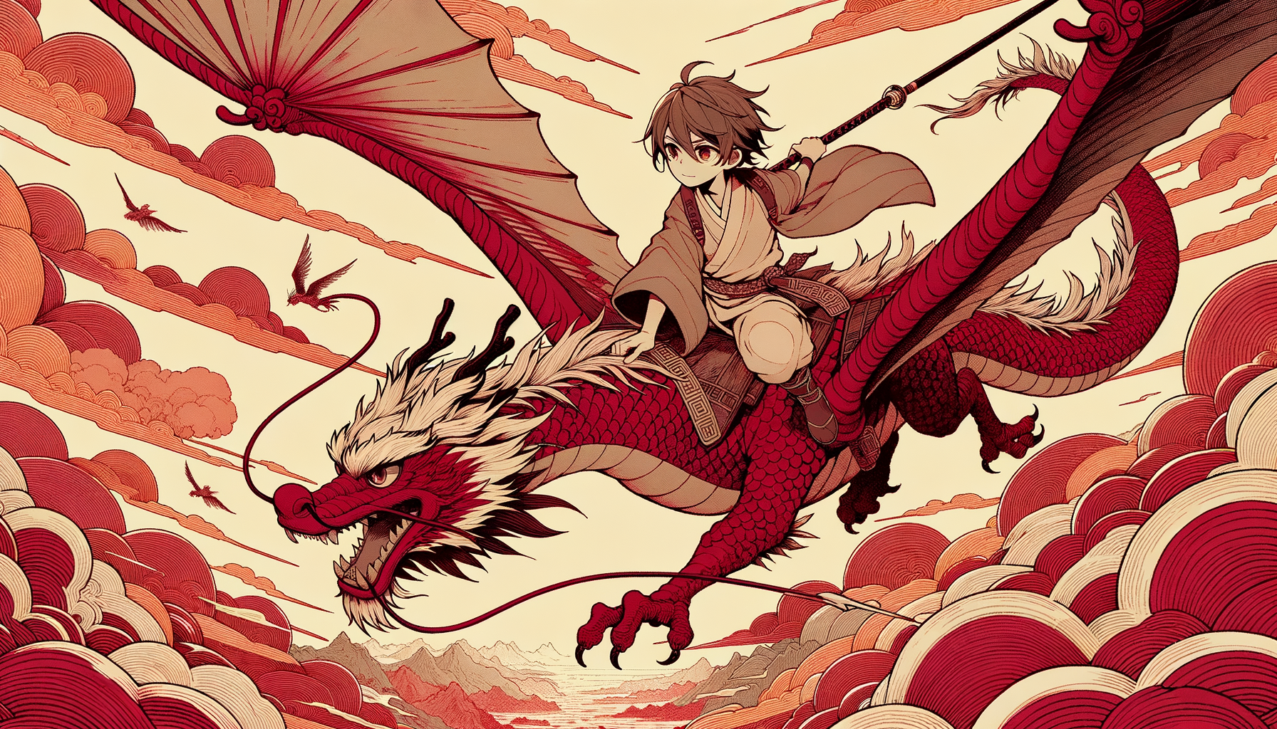 动漫风格，一个身背长剑的少年骑着一条中国龙在天空飞翔，龙没有翅膀，绘画成红色风格