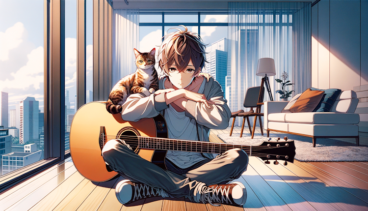 动漫风，落地窗的房间里，少年抱着一把吉他，盘腿而坐，低眉沉思，一只猫跑到他的肩膀上蹲着