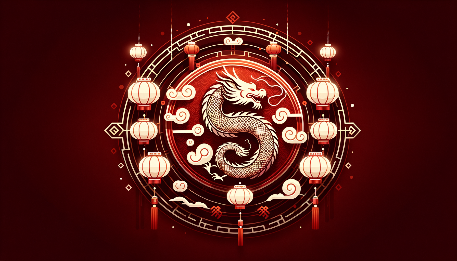 新年快乐，龙年，喜庆，春节，吉祥，简约，灯笼，龙、圆形构图，红色系