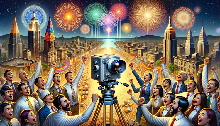 新春佳节，一群头测绘人员围成一个圈欢呼，圈里是一台五镜头相机，背景是城市背景，天上有烟花，喜庆一点，写实风格 