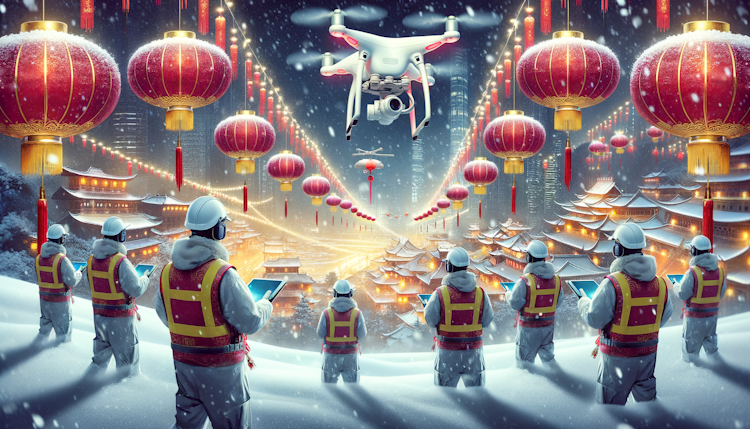 新春佳节，瑞雪兆丰年，大红灯笼高高挂，一群测绘人穿着作业马甲，头戴白色安全帽，在飞无人机，城市背景，充满光芒