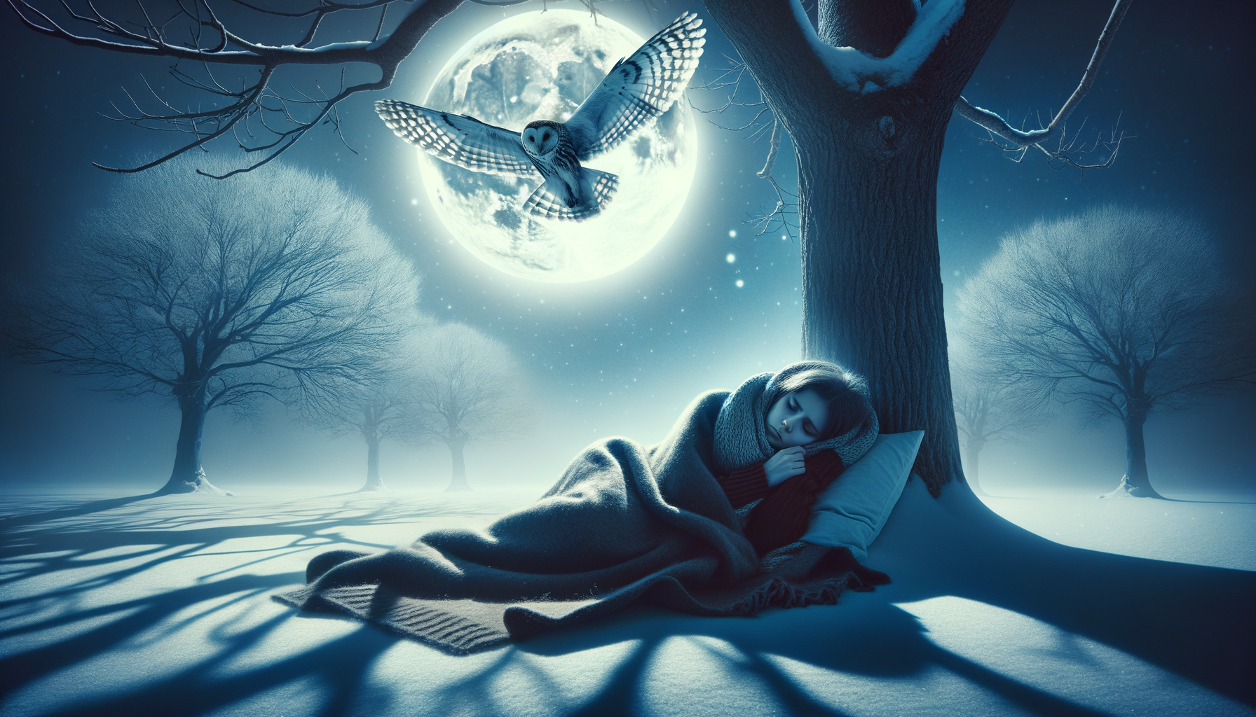 生病的女孩蜷缩在雪地里的一棵树下，猫头鹰飞过，月光皎洁