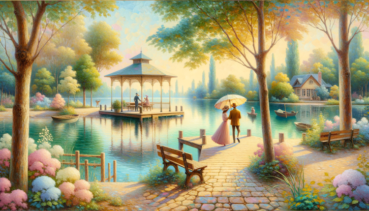 用星海诚的画风画一幅夏天，一对年轻的恋人在湖边小亭相遇的画面，元素包含湖，树木，绿叶，倒影，雨伞，构图采用远影