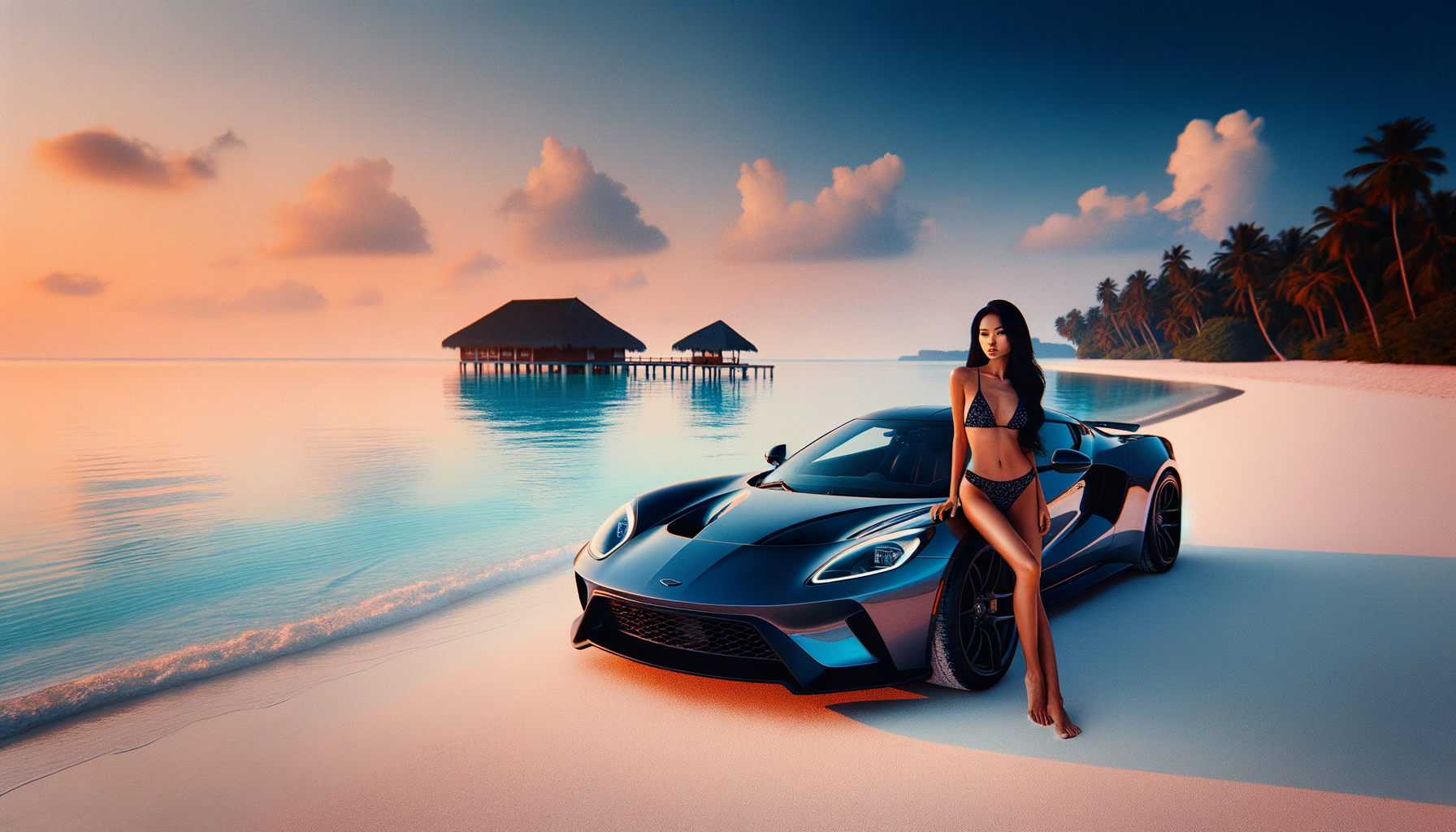 A beautiful Asia girl in bikini leans against a sports car on the beach