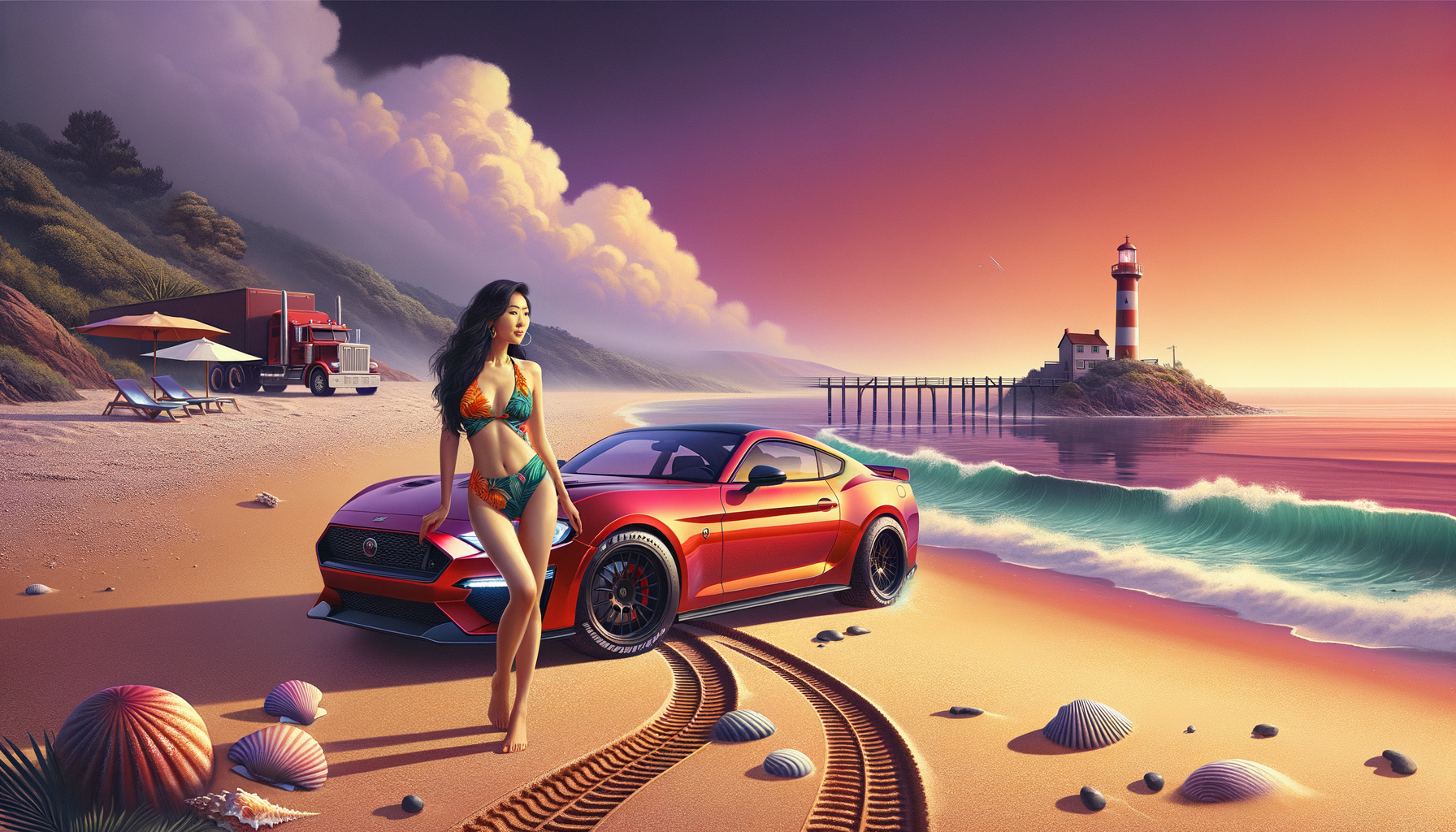 A bikini-clad woman leans against a sports car on the beach