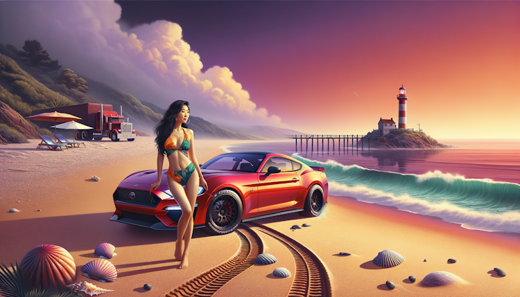 A bikini-clad woman leans against a sports car on the beach