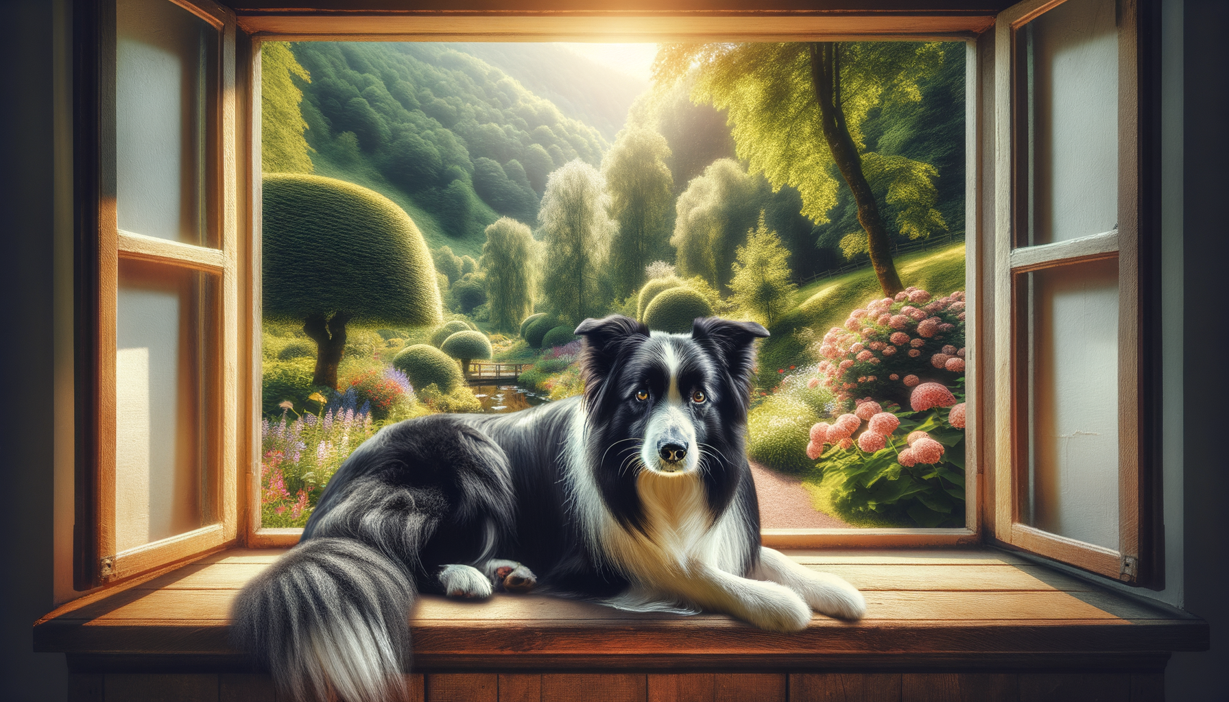 A border collie dog lies on the windowsill