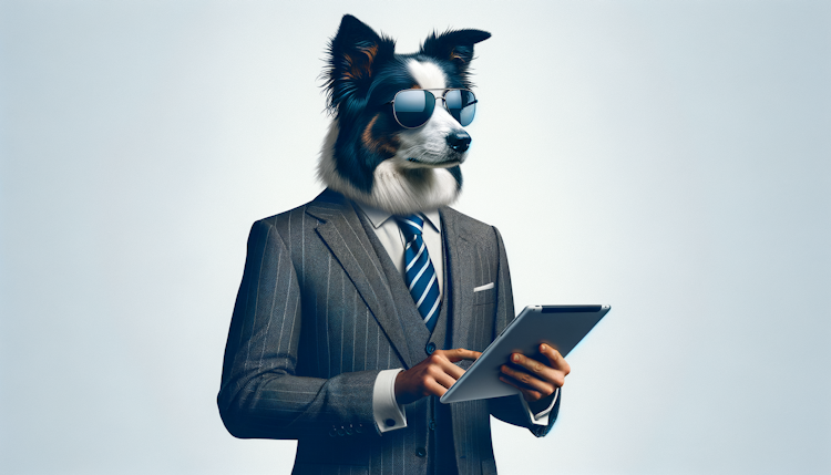 A border collie wearing a suit and sunglasses while holding a tablet in one hand