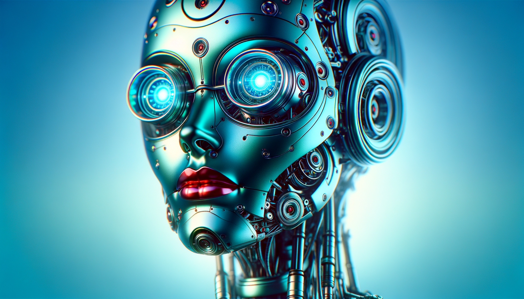 A teal-toned humanoid robot with a metallic head, large glowing goggles, and red lips. Its neck and shoulders are outfitted with wires and mechanical parts, set against a soft blue background