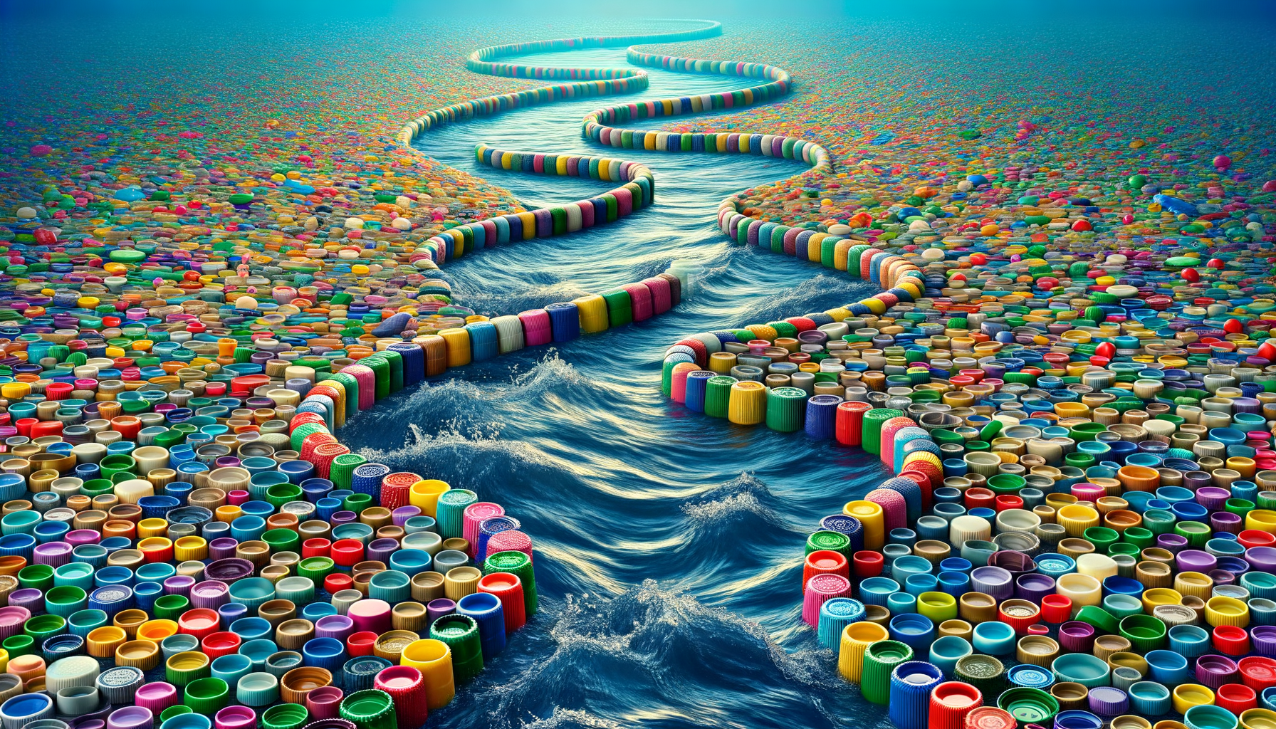 A winding small river with many random plastic bottle caps on it is really in a drifting bottle cap competition. Who can live to win first place?