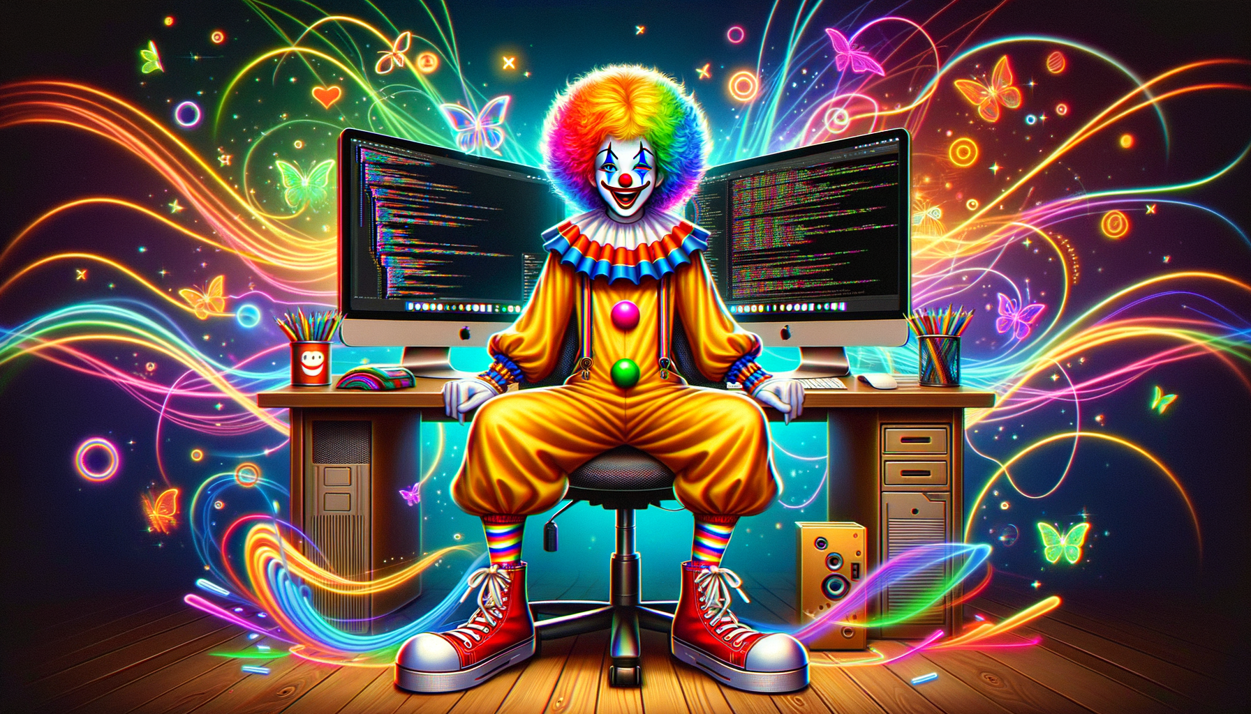 Anime clown in front of the computer