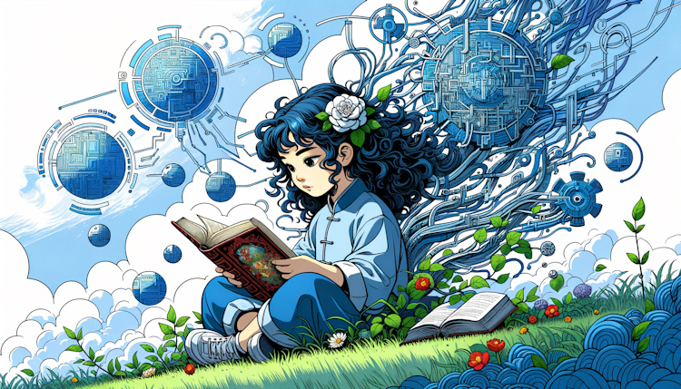 Cartoon style, blue technology, a little Chinese girl reading a book on the lawn,