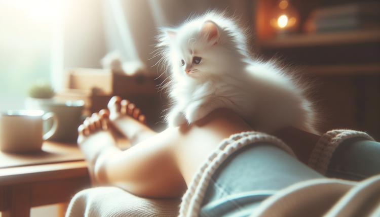 a cute white cat siting on my leg
