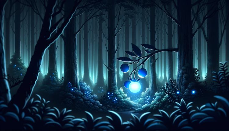 a dark night, a cute blue berry is shining, forest