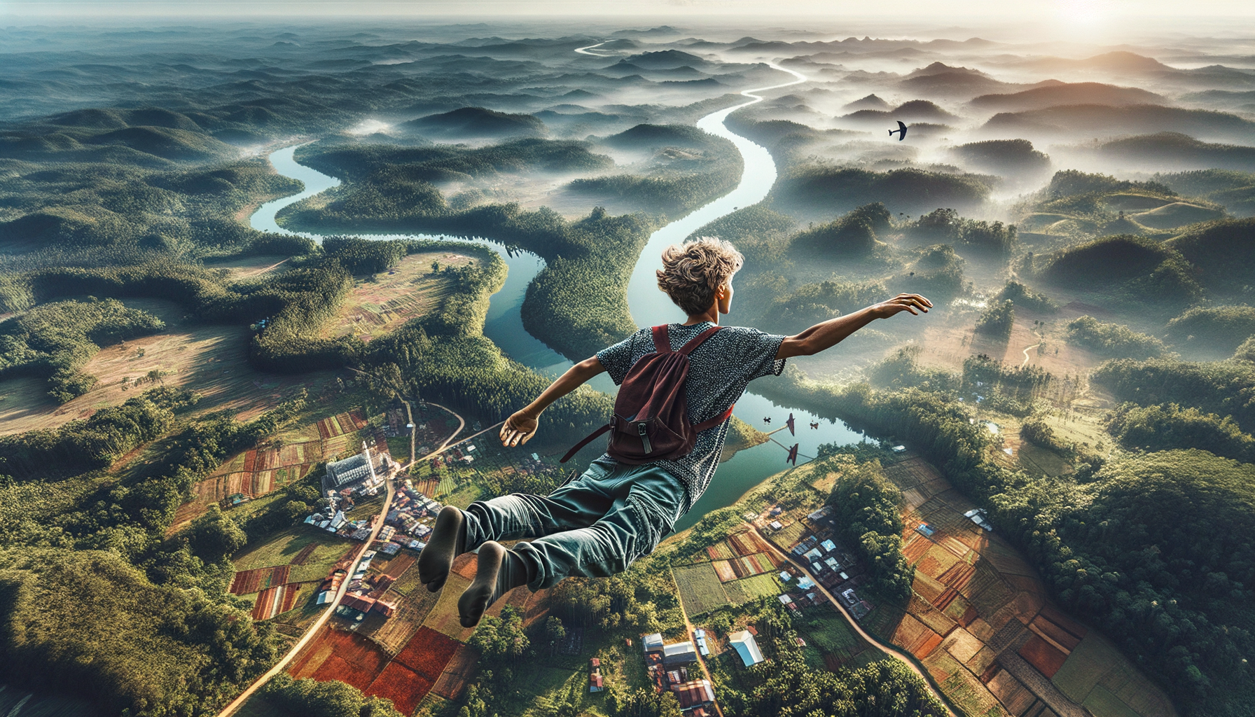 a young boy fly in the sky and eyebird the land, can see the forest, roads, river, hills and farms, very details, very relastic