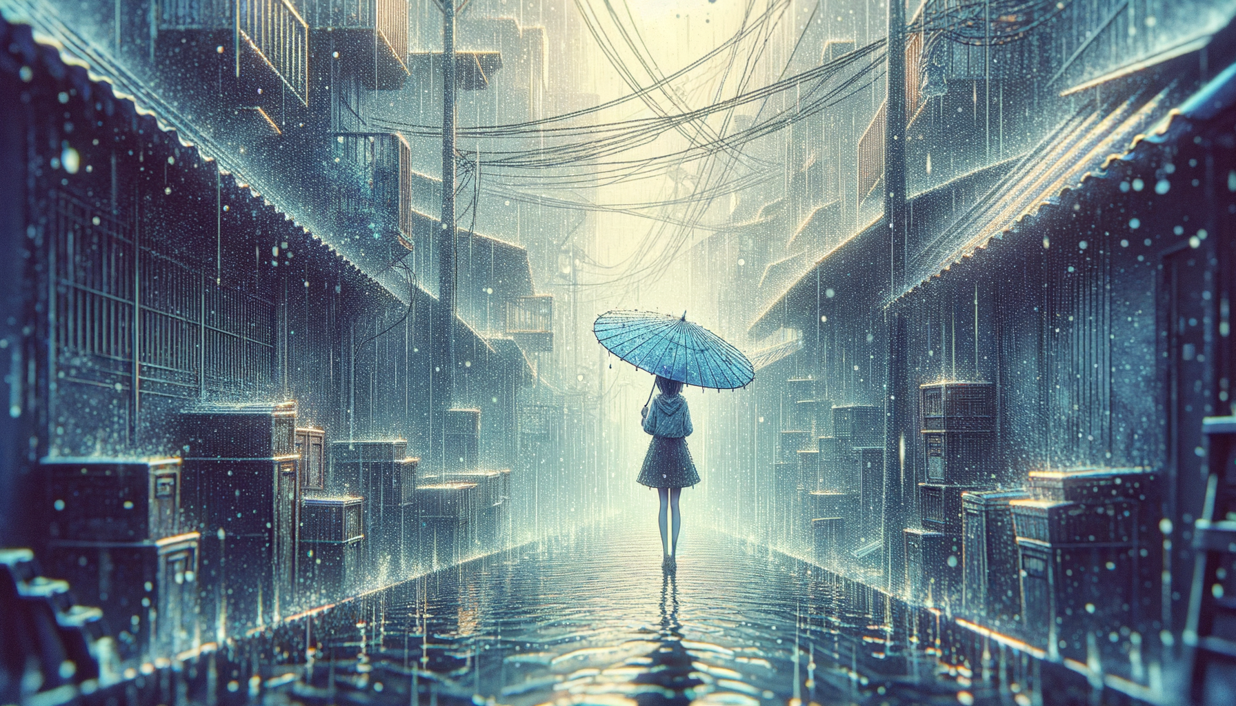 高清壁纸，二次元插画，雨中少女，油纸伞，雨巷，雨滴，氤氲水汽，朦胧意境，孤寂感，细腻雨景