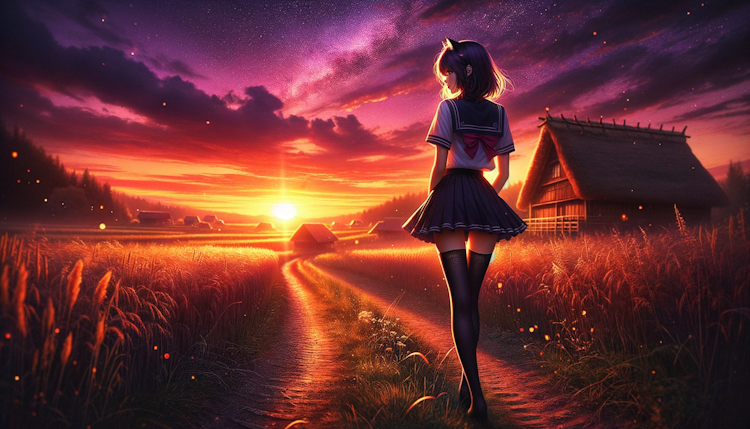 field, path, rural, dirt road, hut, school uniform, black thighhighs, 1girl, cat girl, looking away, looking afar, lens flare, sparkle, highres, outdoors, from side, nature, plain, sunset, dusk, in summer, skyline, best quality, masterpiece