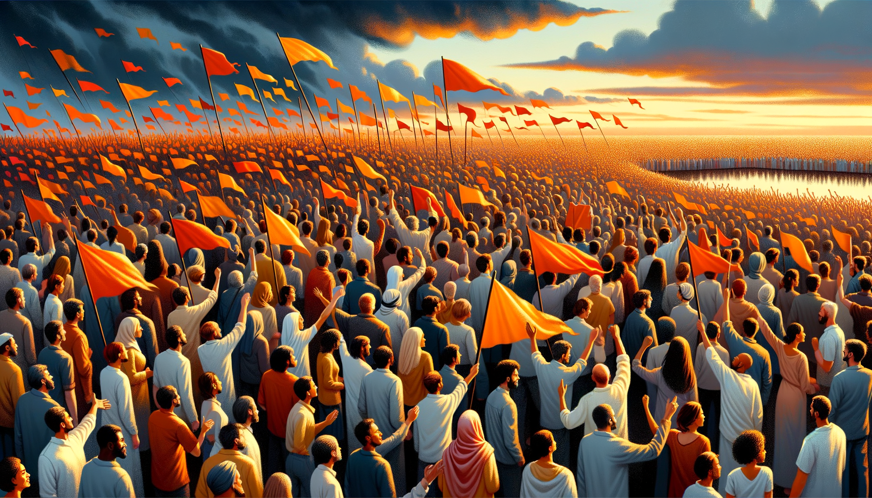 lost of peoples with orange flags with them