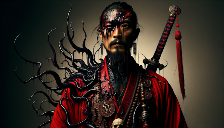 一个中国男人身穿红色道袍，胸口冒出黑色触手（触手上挂着粘液），背上背着一把铜钱做成的剑，手里握着骨头，恶狠狠的盯着远方