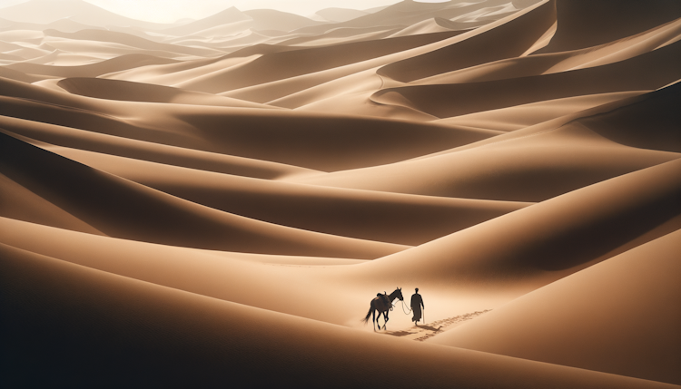 一个人牵着一匹马在一片沙漠上孤独的行走  1792x1024